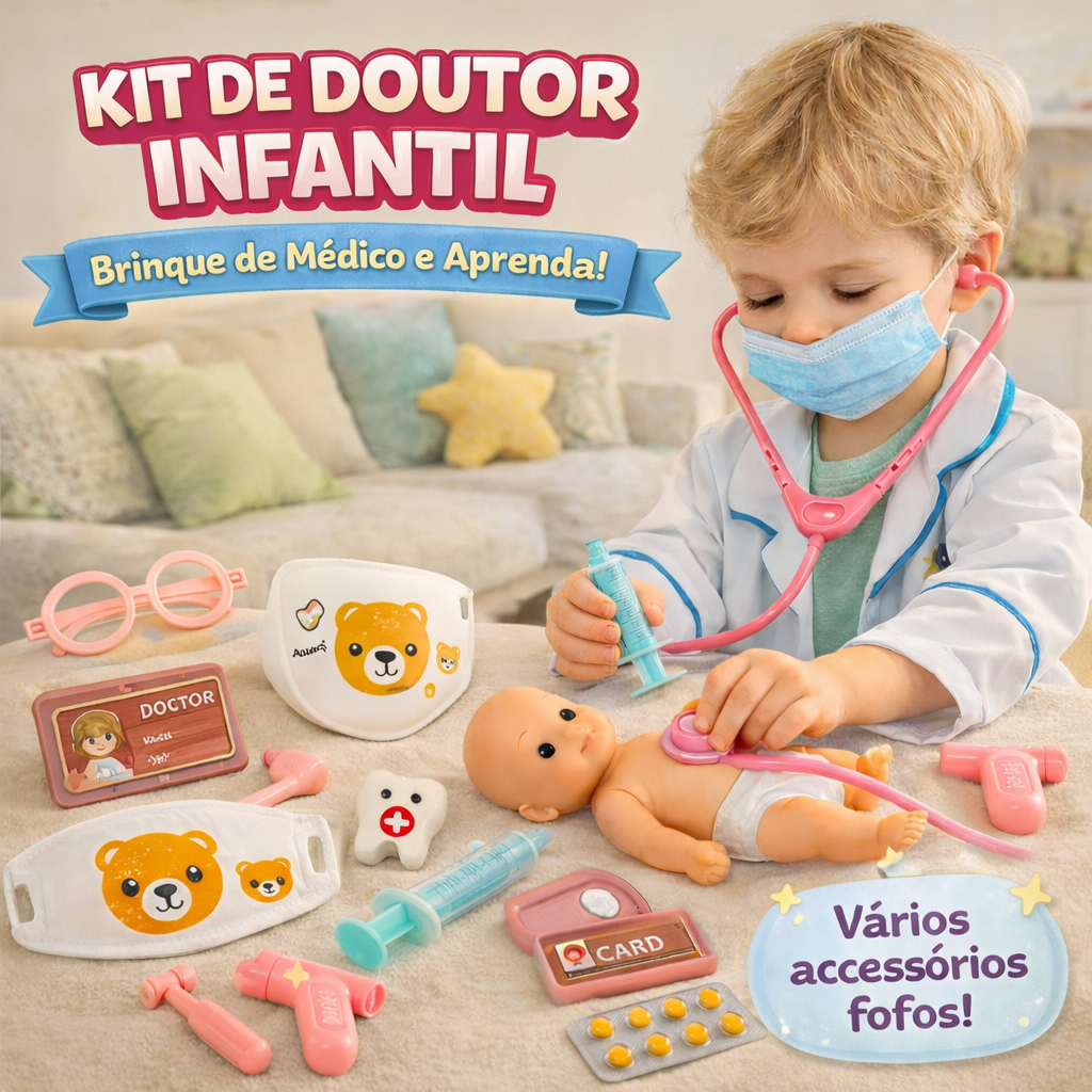 Kit Médico Infantil Educativo Doutor Dentista com Estetoscópio Dentinho Brinquedo Criança