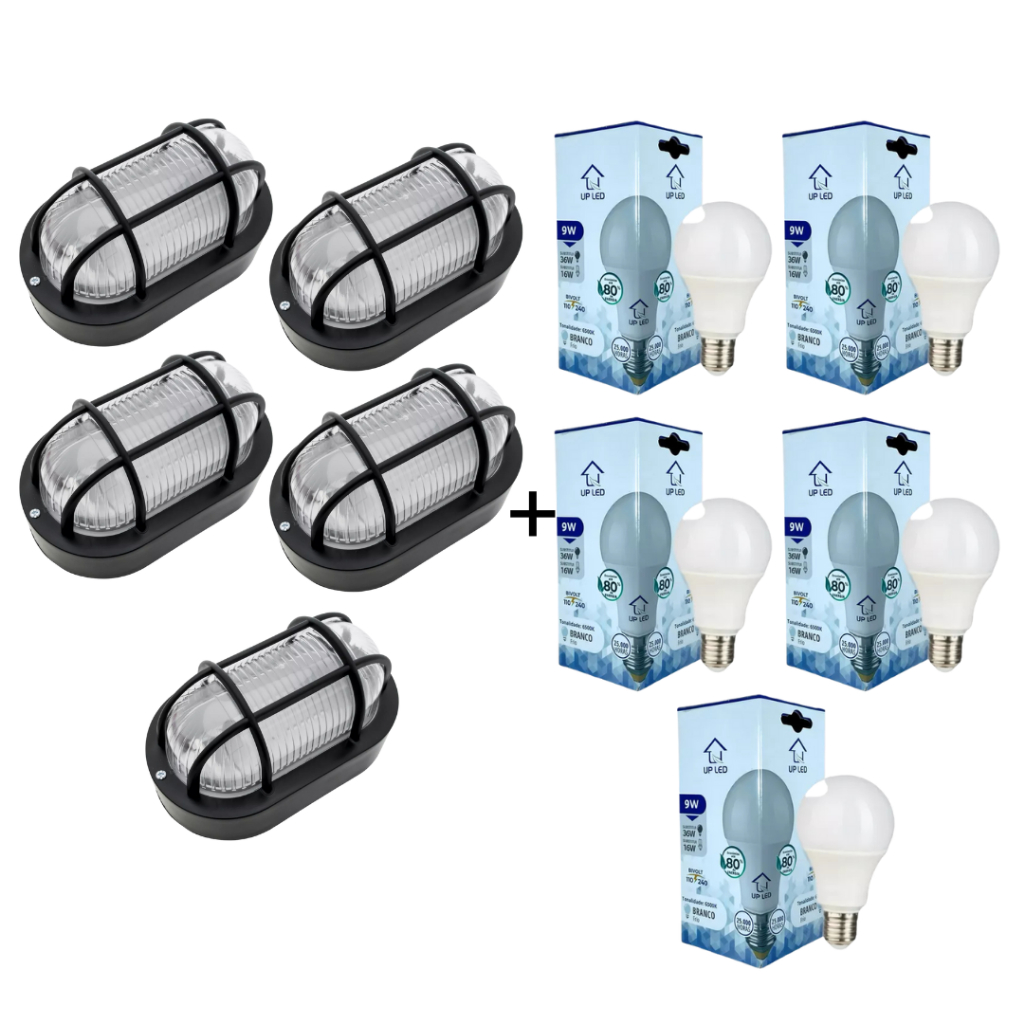 Kit C/5 Arandela Tartaruga com Grade Reue Preta e Branca + 5 Lâmpadas 9W Casa Área Externa Iluminação Jardim
