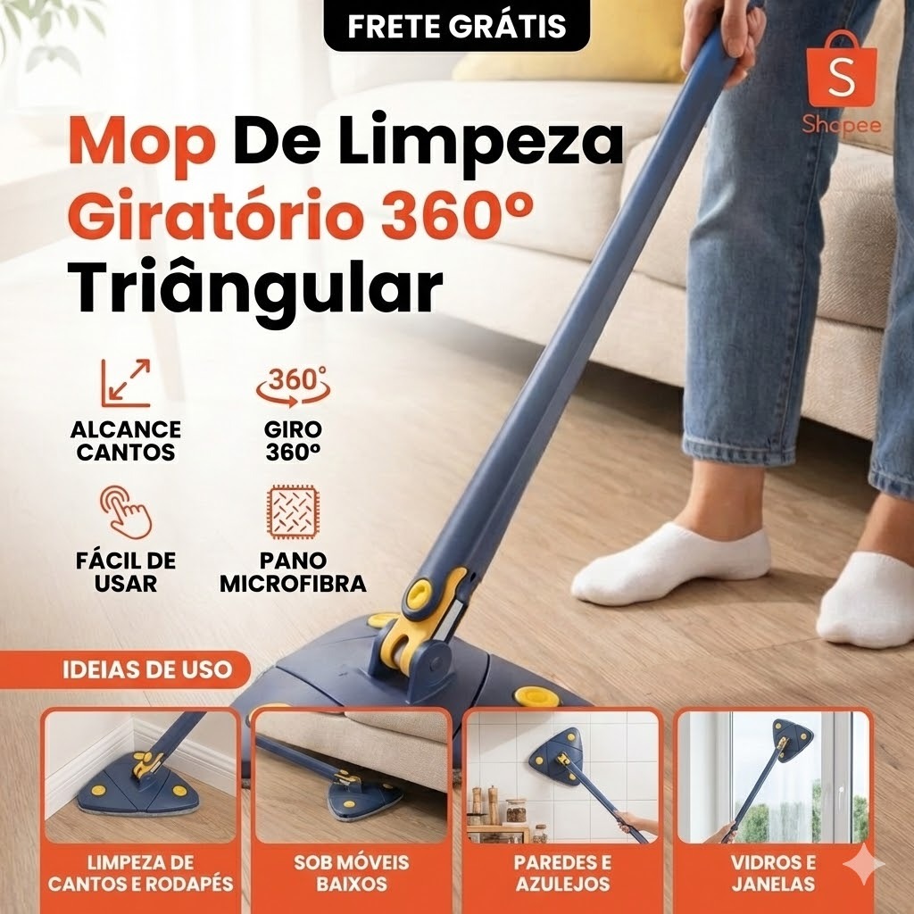 Mop Triangular Ajustável Esfregão de Limpeza Rodo Mágico Microfibra Limpa Vidros Teto Chão e Cantos em Oferta na Shopee