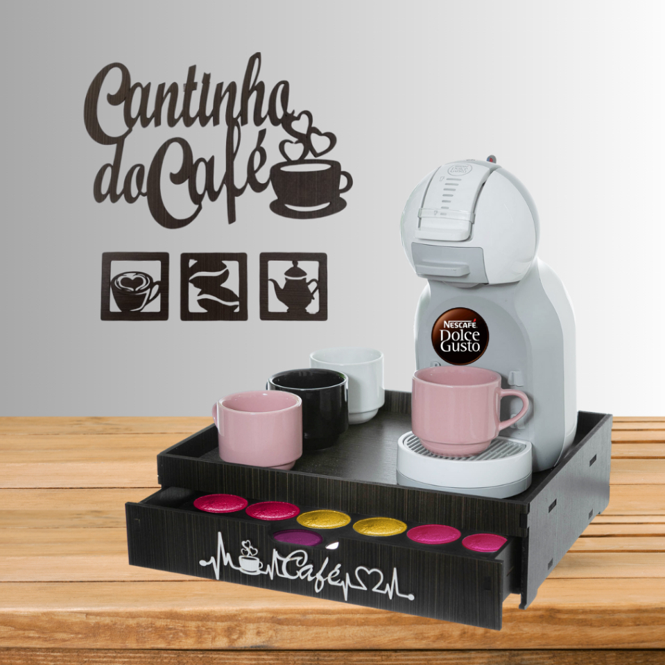 Bandeja Cantinho do Café Porta Capsulas Dolce Gusto Cômoda organizador grande suporte Marrom + KIT de Quadro Decorativo