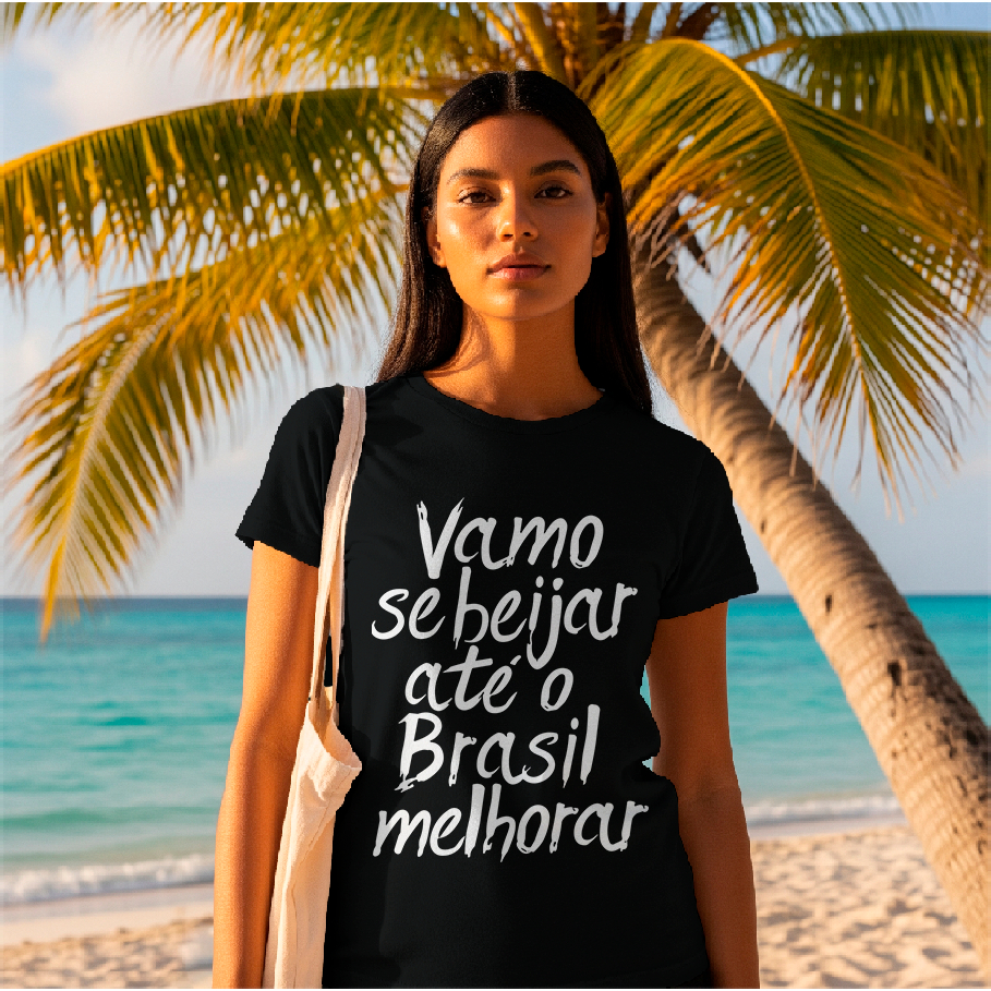 Camiseta 100% Algodão Unissex pro Carnaval Vamo se beijar até o Brasil melhorar Divertidas pro verão