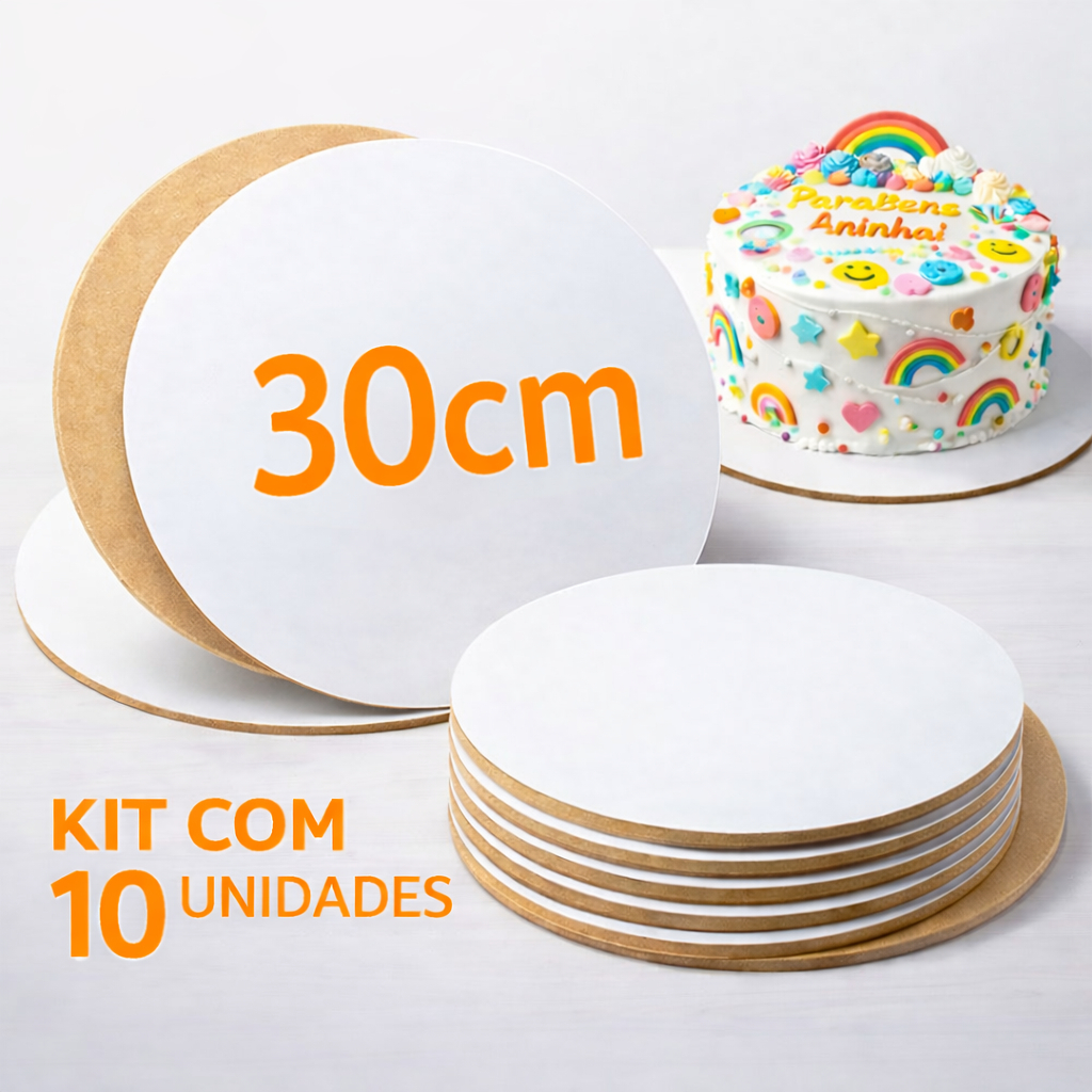 Kit 10 Cake Board MDF 30cm Redondo Branco Base Suporte Tabuleiro Prato para Bolo 3mm