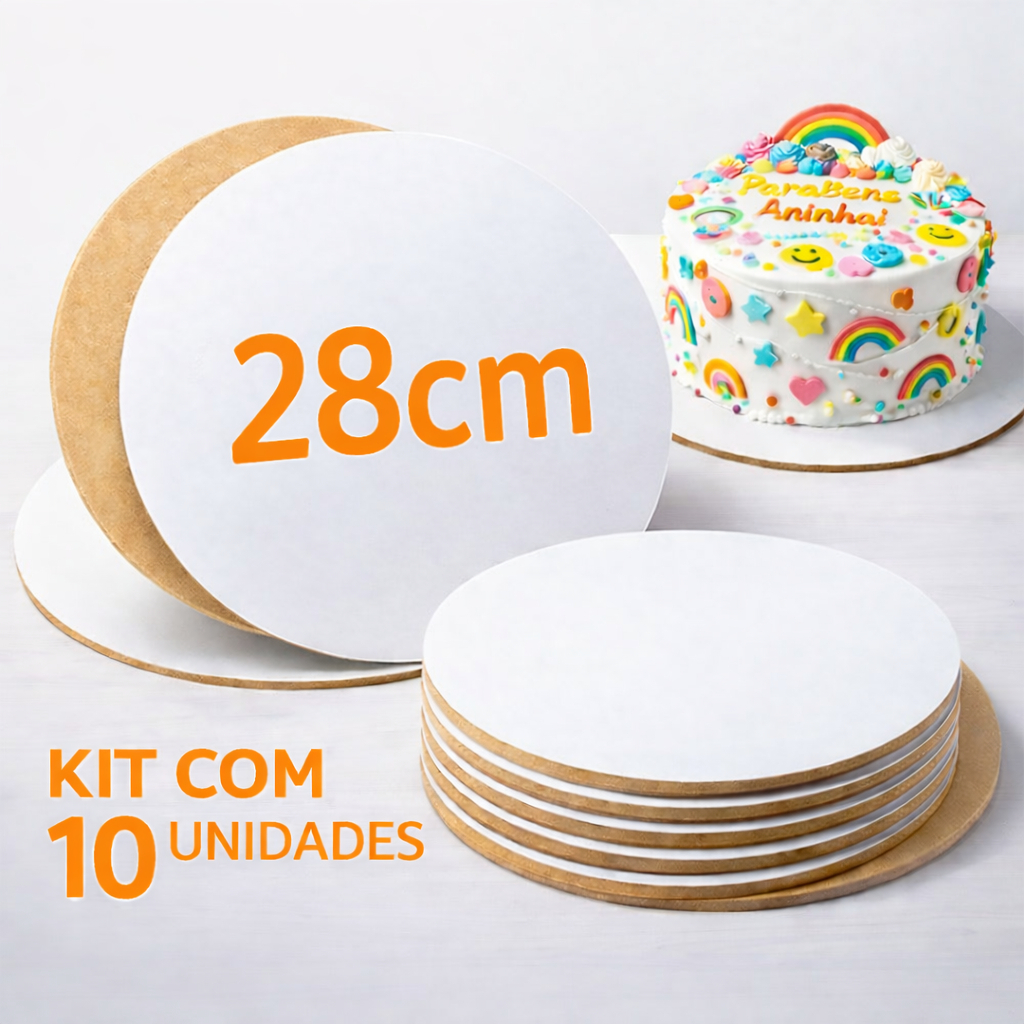 Kit 10 Cake Board MDF 28cm Redondo Branco Base Suporte Tabuleiro Prato para Bolo 3mm em Oferta na Shopee