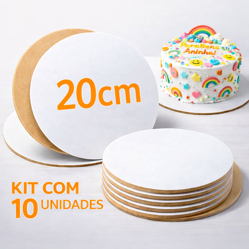 Kit 10 Cake Board MDF 20cm Redondo Branco Base Suporte Tabuleiro Prato para Bolo 3mm