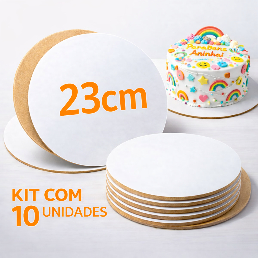 Kit 10 Cake Board MDF 23cm Redondo Branco Base Suporte Tabuleiro Prato para Bolo 3mm em Oferta na Shopee