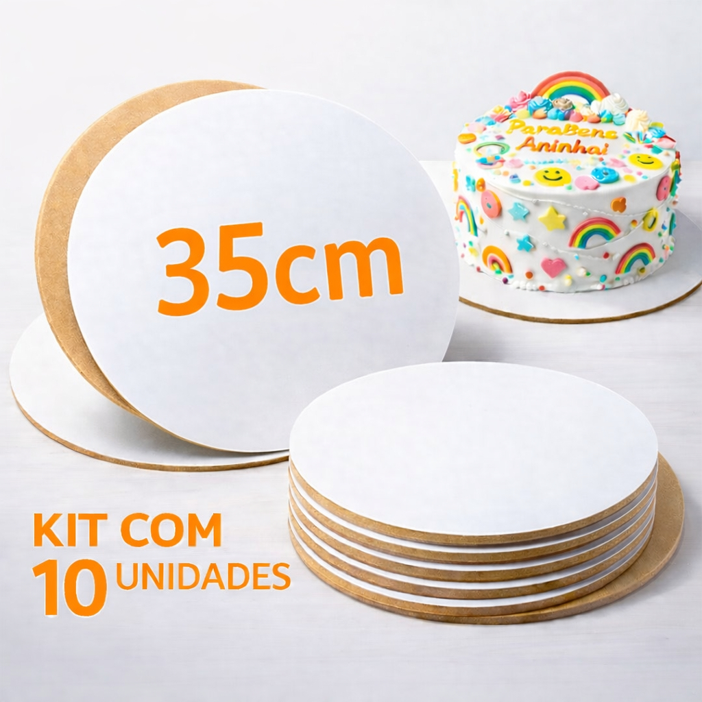 Kit 10 Cake Board MDF 35cm Redondo Branco Base Suporte Tabuleiro Prato para Bolo 3mm