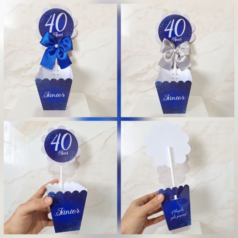 Centro de mesa PEGUE E MONTE Cachepot, Lembrancinhas para festa de aniversário- azul Royal e prata