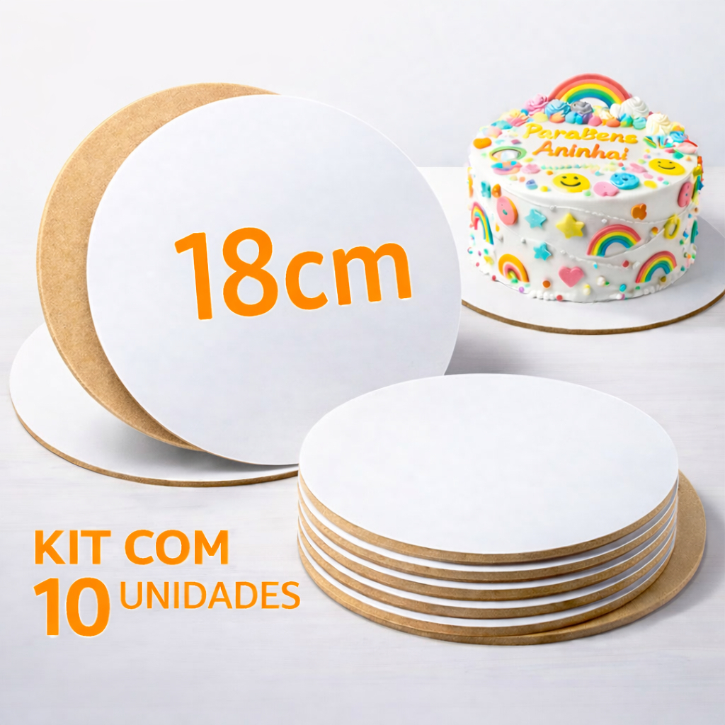 Kit 10 Cake Board MDF 18cm Redondo Branco Base Suporte Tabuleiro Prato para Bolo 3mm