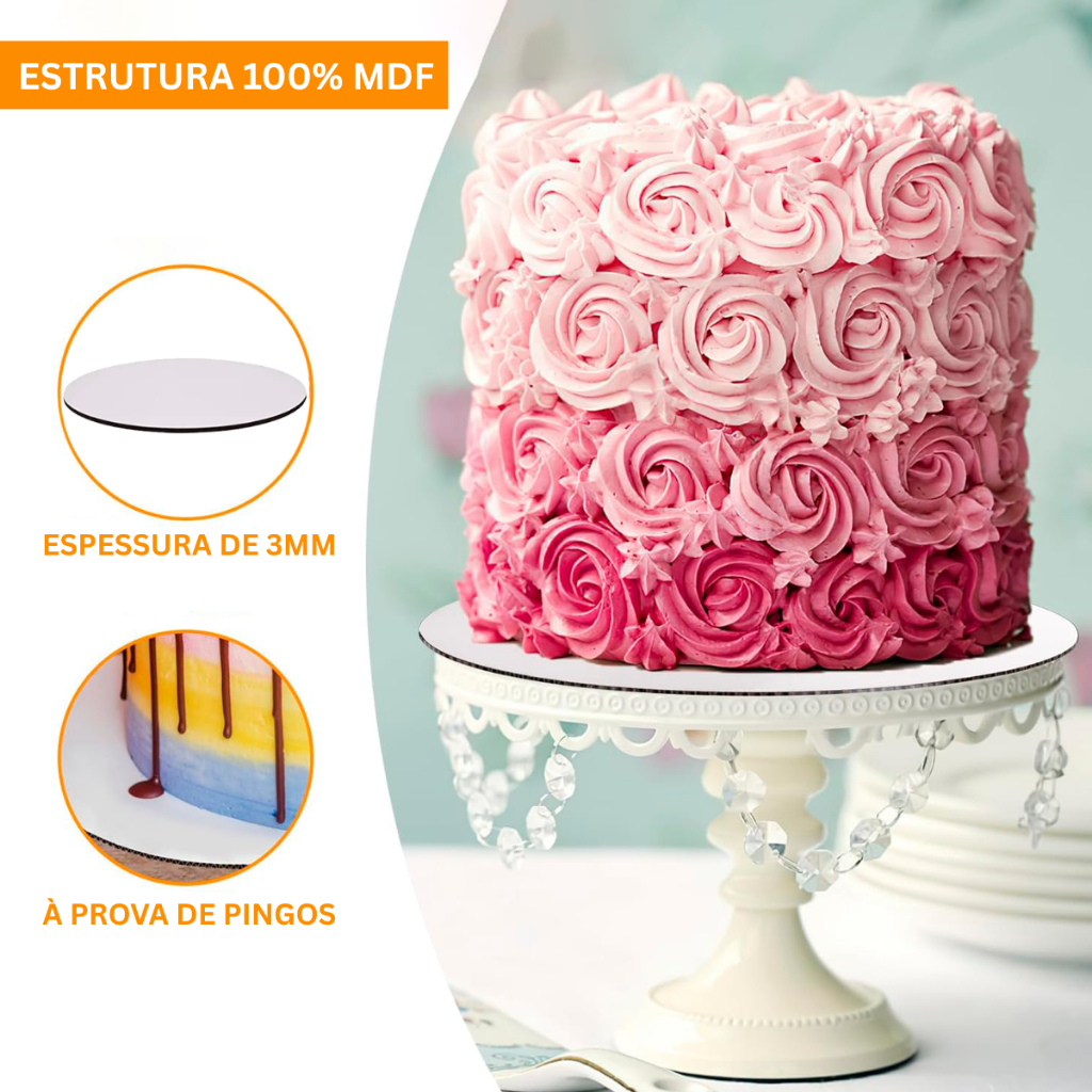 Kit 10 Cake Board MDF 18cm Redondo Branco Base Suporte Tabuleiro Prato para Bolo 3mm