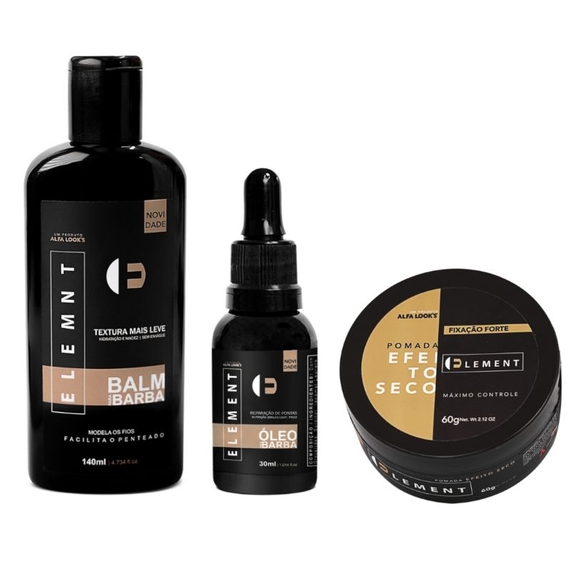 Kit Produtos para Cuidados Masculinos Balm + Óleo Para Barba + Pomada Pasta Modeladora Efeito Matte Seco Linha Element