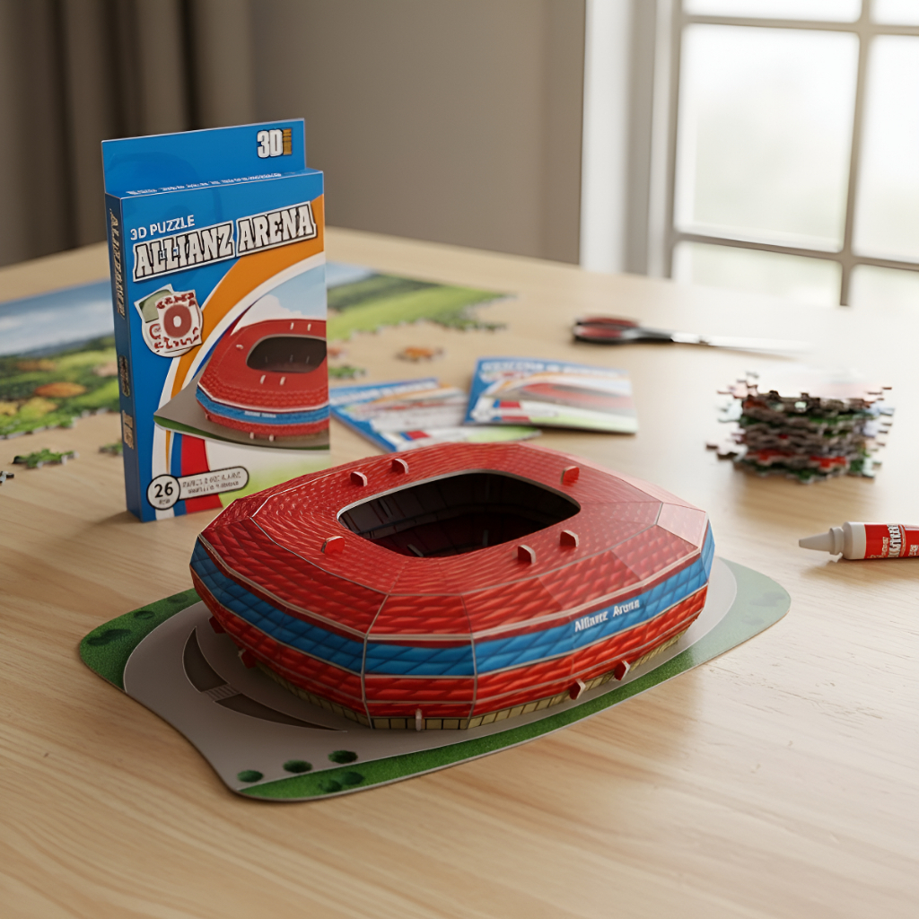 Quebra Cabeça Maquete 3d Puzzle Estádio de Futebol Allianz Arena Bayern 26 peças p/ todas as idades