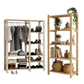 Kit Closet Madeira Natural | Arara Dupla + Estante em Oferta na Shopee