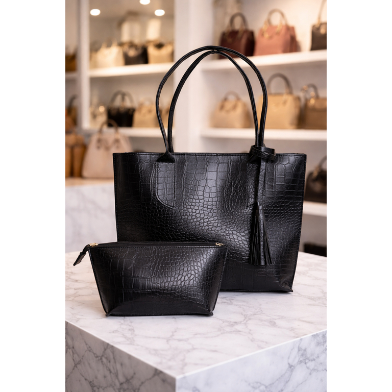 Bolsa Feminina Courino Croco Kit Sacola  + Necessaire  Grande Com Zíper em Oferta na Shopee