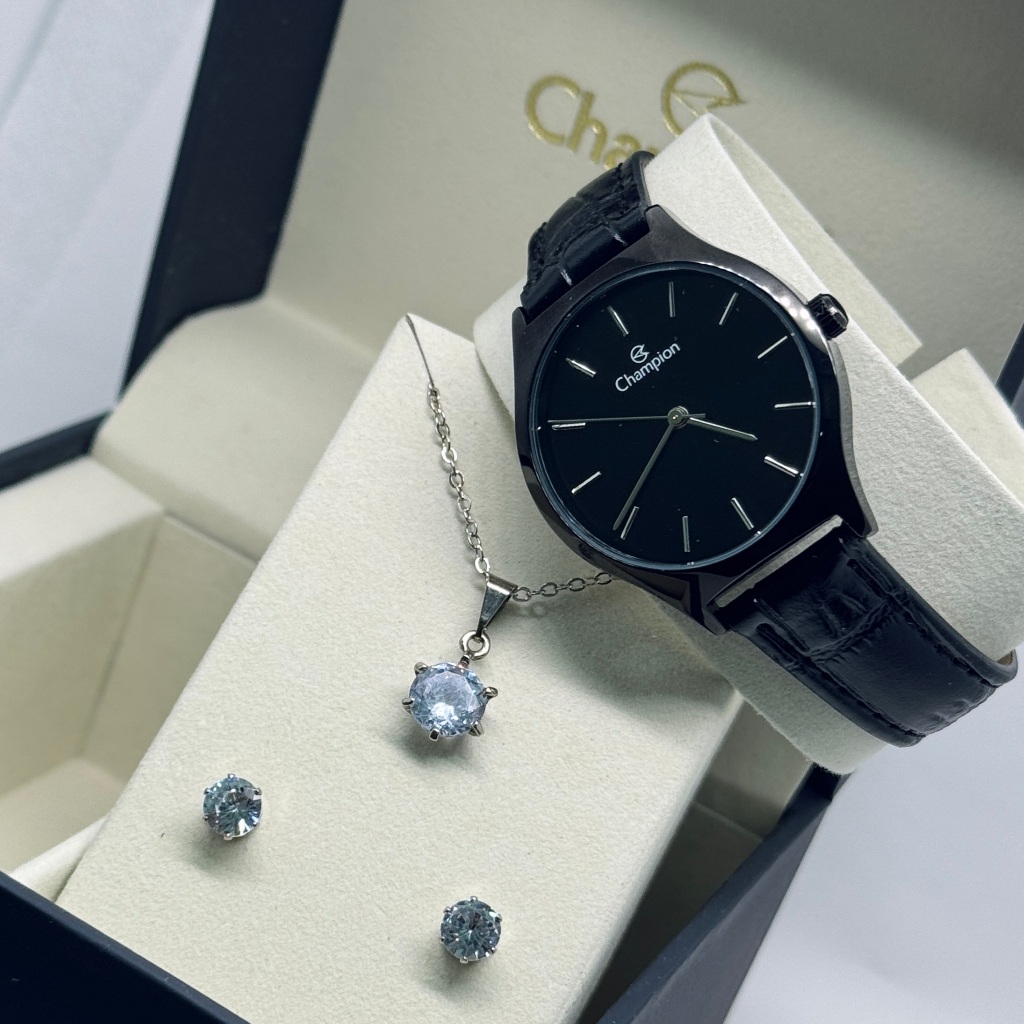 Relógio Champion Feminino Preto Analógico Kit Presente Colar e Brincos Ponto de Luz Modelo CN28295K em Oferta na Shopee