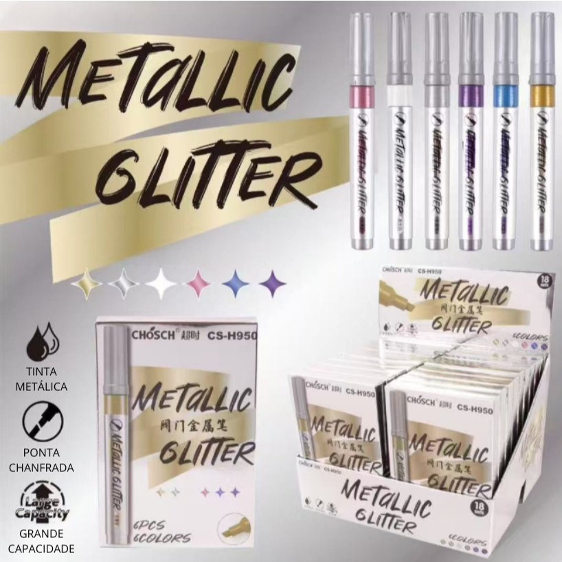Kit 6 Caneta Tinta Metálica Glitter Brilhante Marcadora Arte Permanente Pintura Material de Arte