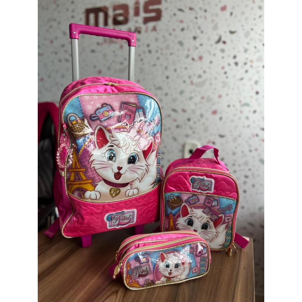 Kit Mochila de Rodinhas Estojo Duplo e Lancheira Térmica Gatinha Nini Escolar Infantil Clio Styles
