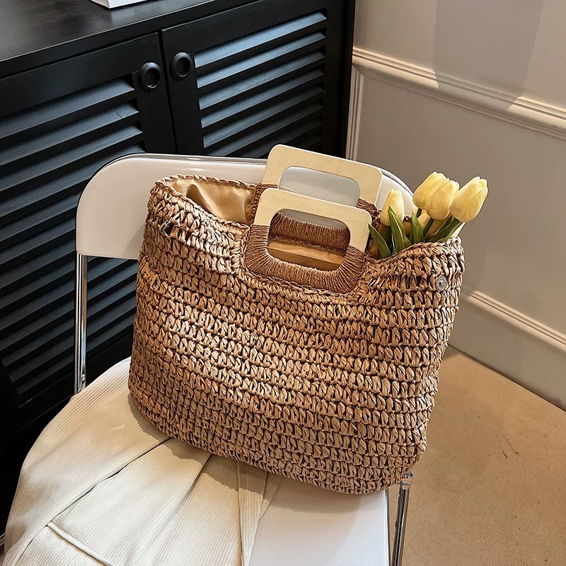 Bolsa de Palha Artesanal Grande com Alça de Mão Madeira Sacola Ombro Verão Boho Chic