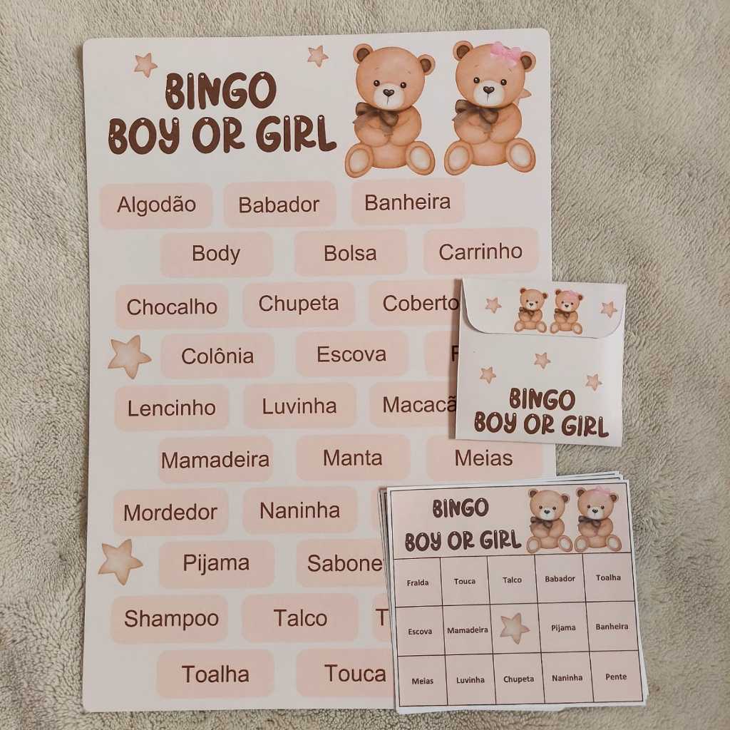 Kit bingo Revelação - Ursinhos laço marrom (Boy or Girl) em Oferta na Shopee