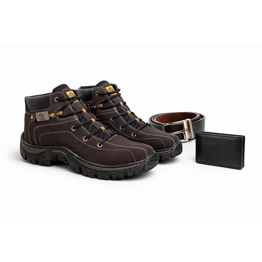 Bota Coturno Masculino Adventure kit cinto e carteira Botina de Couro com Solado Antiderrapante