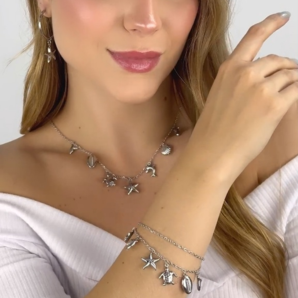 Conjunto Feminino Antialérgico com Colar Pulseira e Brinco Moda Praia Mar Aço Inoxidável Pode Molhar