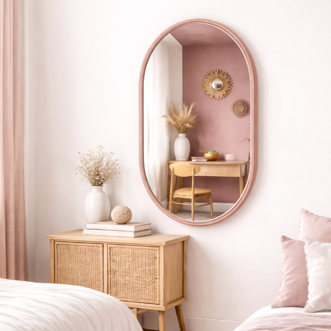 Espelho Oval Corpo Inteiro Decorativo Premium com Moldura em Couro Rosé 76x43cm em Oferta na Shopee