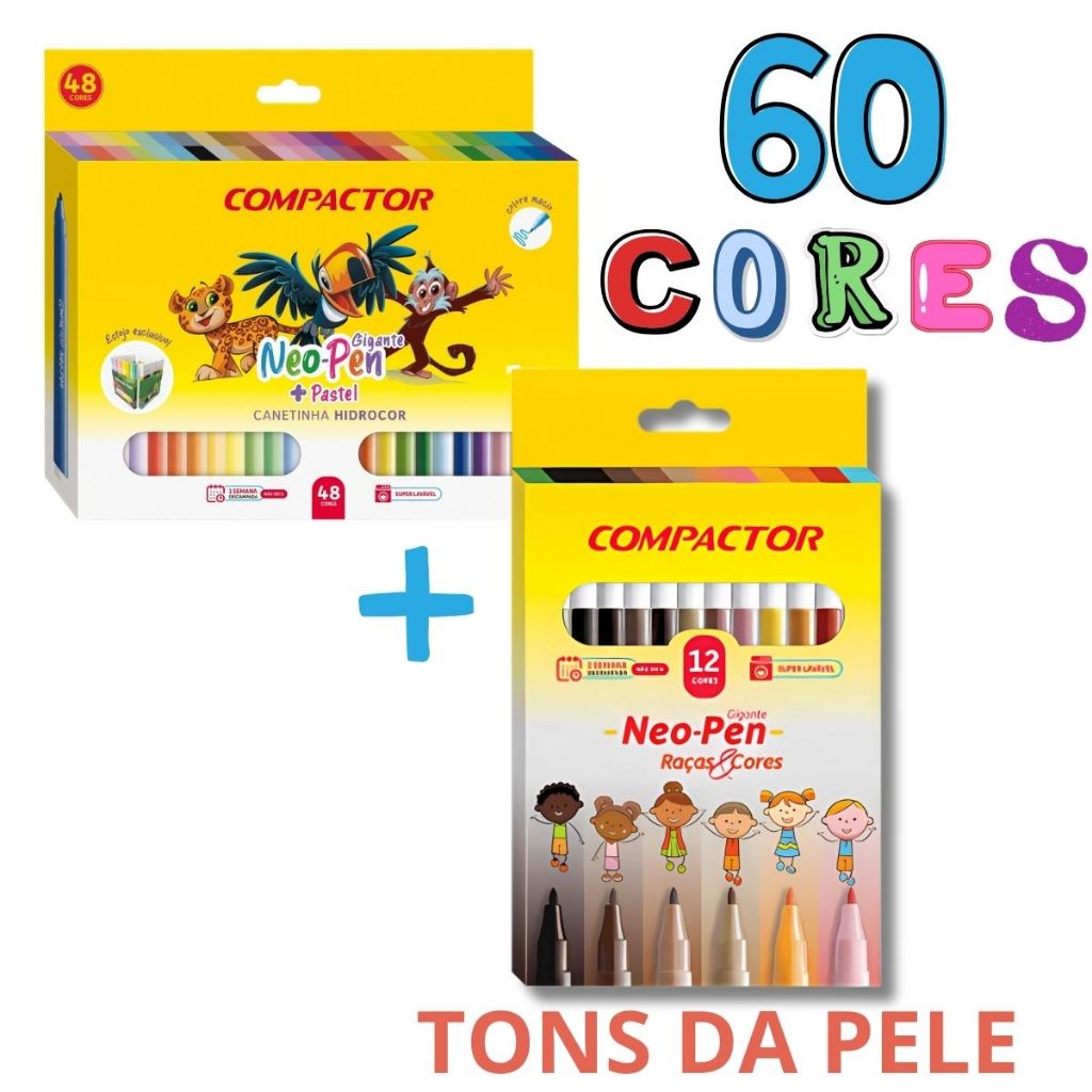 Kit 60 Canetinhas coloridas Original compactor Hidrográficas 2mm 48 cores +12 Tons da Pele em Oferta na Shopee