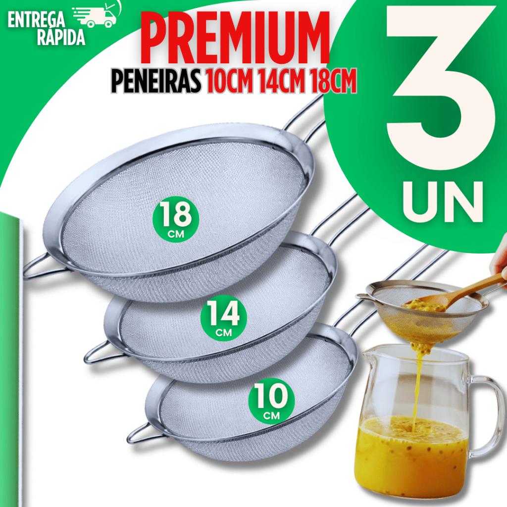 Combo 3 Peneira Coador de Inox 10CM 14CM 18CM Cozinha Premium Utilidades Excelente Qualidade Buffet
