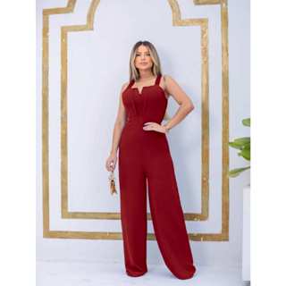 Macacão Longo feminino duna verde militar decote v alça grossa casual elegante calça pantalona em Oferta na Shopee