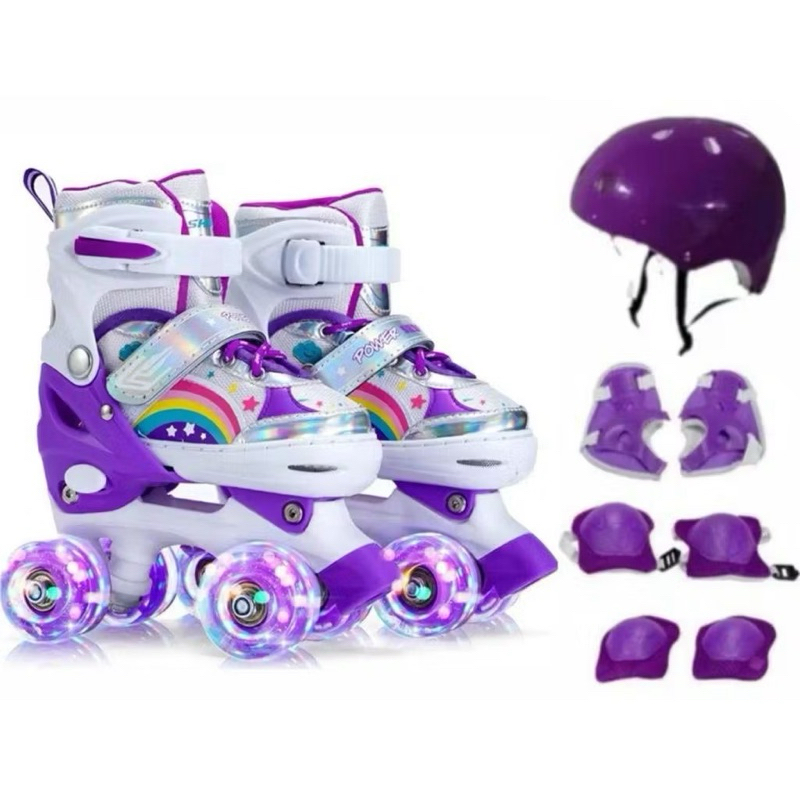 Patins Infantil Arco Íris Roxo 4 Rodas Ajustável com luz de LED Com e Sem Kit de Segurança