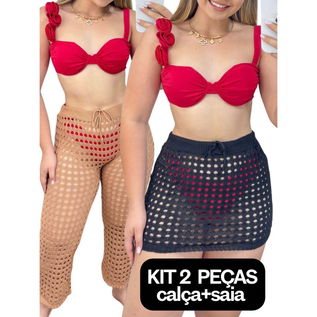 KIT SAIA+CALÇA Tricot Furadinha  – Saída de Praia Feminina Estilo Verão / Mini Saia Tricô Pantalona