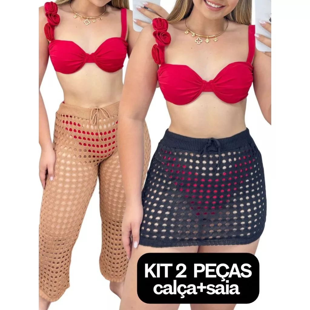 KIT SAIA+CALÇA Tricot Furadinha – Saída de Praia Feminina Estilo Verão / Mini Saia Tricô Pantalona