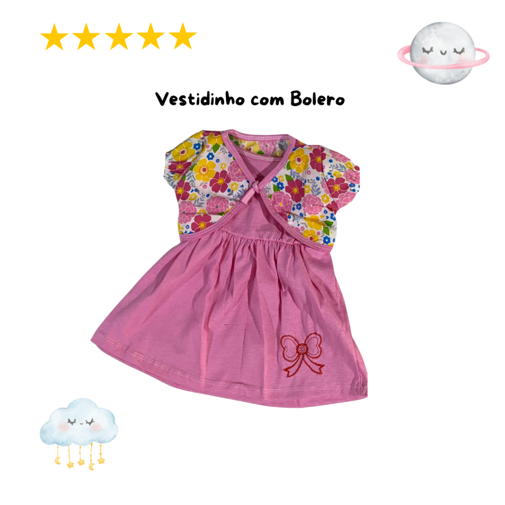 Vestido Bebê Menina Com Bolero Conjunto Infantil 0 a 6 Meses Algodão Confortável Roupa De Bebê Para Passeio Estampado
