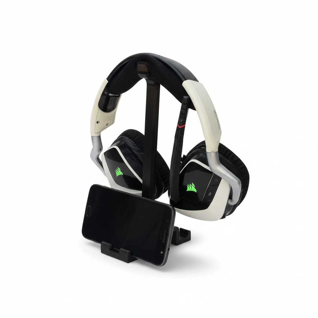 Suporte Gamer Headset e Celular 2 em 1 | Organizador Mesa Setup Gaming | Stand Fone Smartphone Preto
