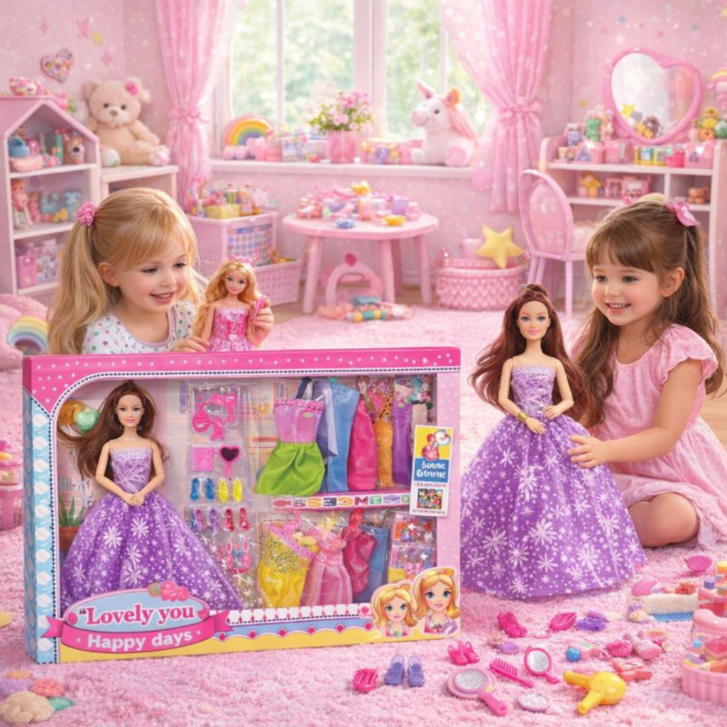 Boneca Fashion com Guarda Roupa Completo 9 Vestidos Coloridos, 8 Sapatos, Acessórios de Beleza Brinquedo Infantil