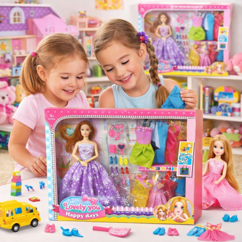 Boneca Fashion com Guarda Roupa Completo 9 Vestidos Coloridos, 8 Sapatos Brinquedo Infantil em Oferta na Shopee