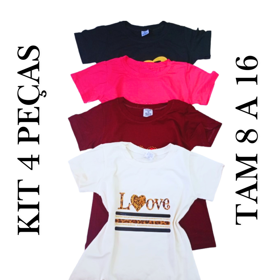 Kit Blusas Camiseta Infantis Juvenil Menina Criança 8 a 16 Anos Estampadas – Kit Econômico 2, 3 ou 4 Peças Coloridas