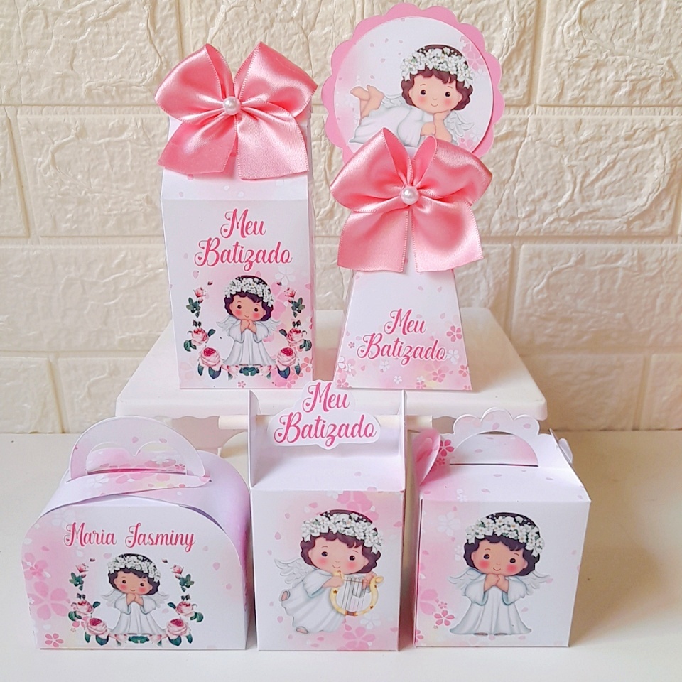 Kit Caixinhas Batizado Rosa Personalizadas com Nome e Idade | Pegue e Monte Lembrancinha Festa Infantil