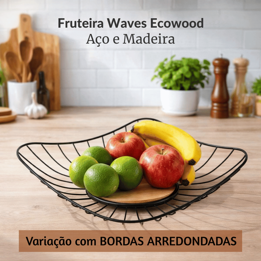 Fruteira de Mesa Quadrada Rústica Ferro Aramado Madeira Cozinha Multiuso Decorção Organizador Frutas