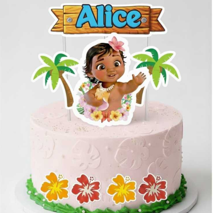Topo de Bolo Moana Baby Personalizado com Nome - Tema Tropical Envio Rápido + Brinde 5 Topper Docinho no Tema