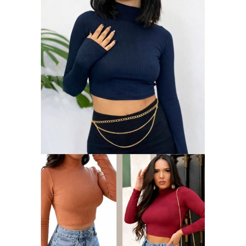 Cropped manga longa feminino Canelado com gola alta inverno e/ou casual