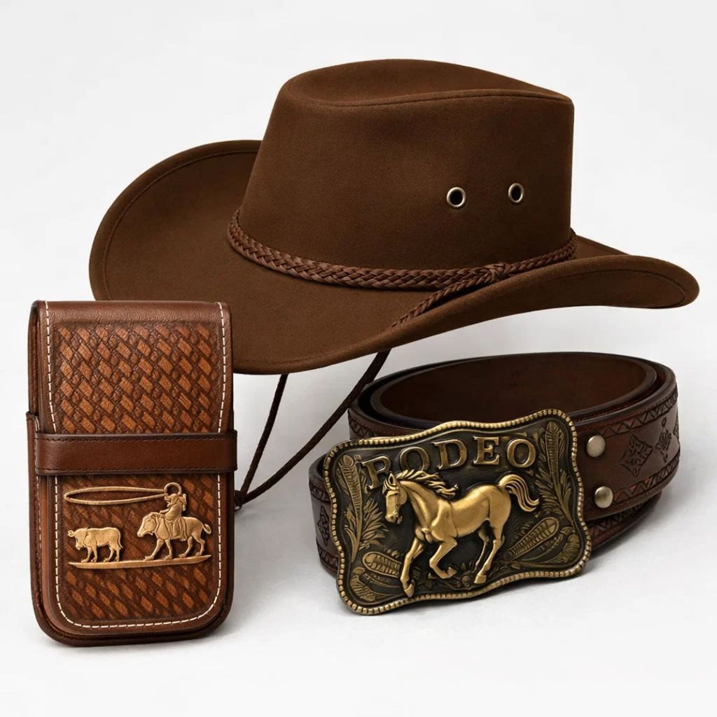 Kit Country Chapéu Cowboy + Cinto Western Ajustável + Porta Celular Vaquejada Sertanejo Rodeio