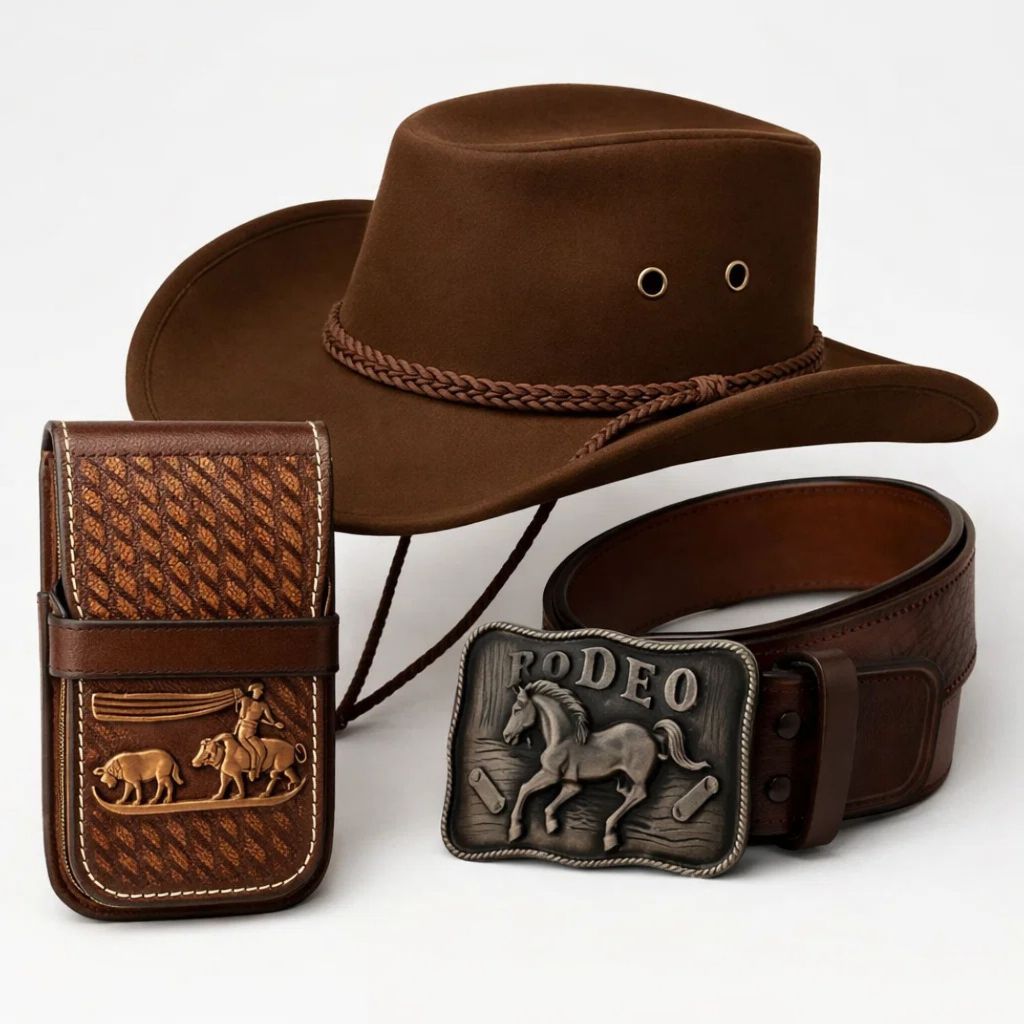 Kit Country Cowboy Vaquejada Sertanejo Rodeio Cinto Western + Porta Celular de Couro + Chapéu