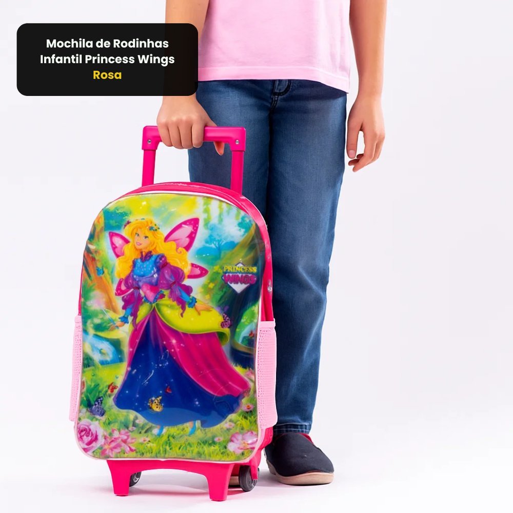Mochila Infantil de Rodinhas Princess Wings Rosa – Escolar, Resistente, Com Alça Ajustável e Design Encantador