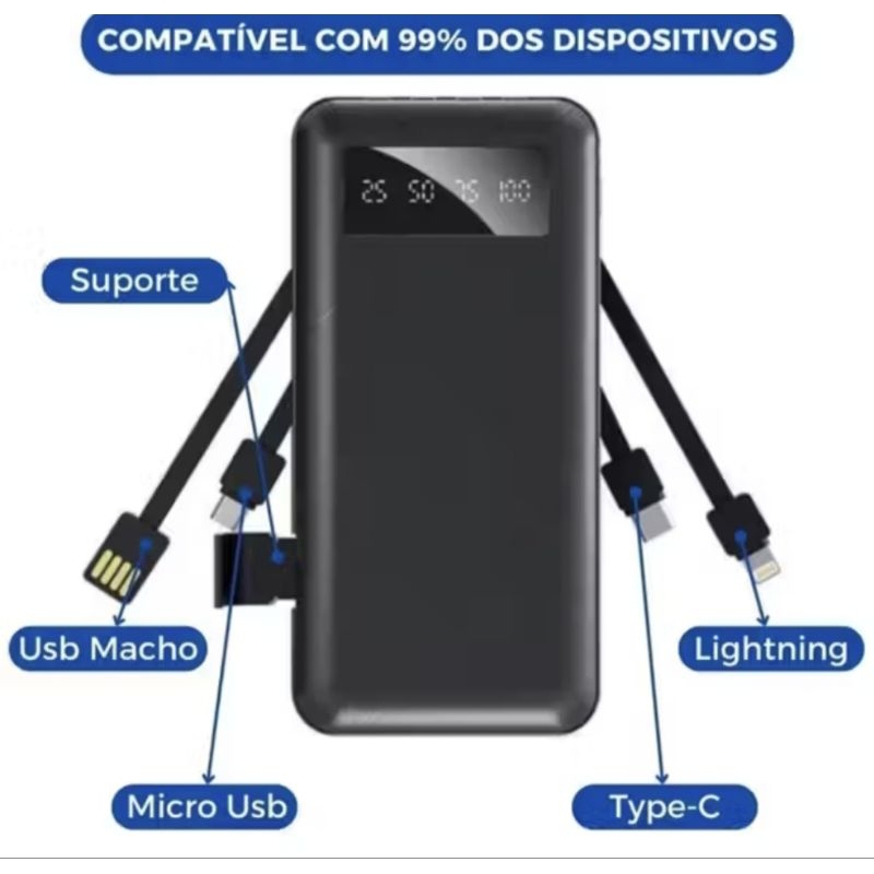 Power Bank 20.000mAh Turbo Carregador Portátil 4 Cabos Integrados Visor LED Premium