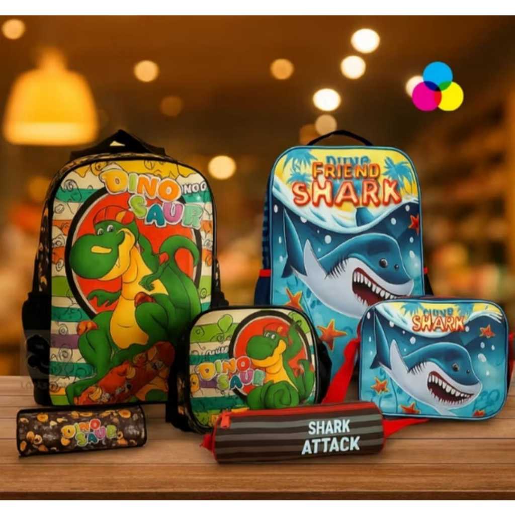 Kit Mochila Escolar Infantil Dinossauro Verde Azul Shark Conjunto 3 Pecas Resistente Leve