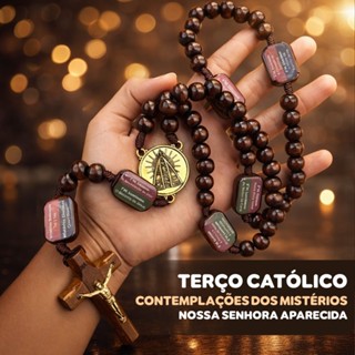 Terço em Madeira Contemplação dos Mistérios NOSSA SENHORA APARECIDA com Medalha de Bronze Fé Cruz em Oferta na Shopee