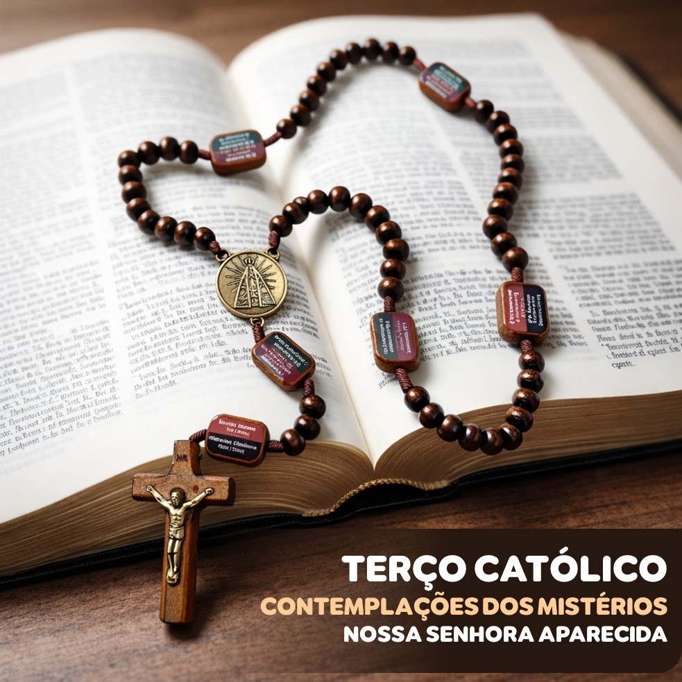 Terço Católico de Madeira Contemplação dos Mistérios NOSSA SENHORA APARECIDA com Medalha de Bronze em Oferta na Shopee