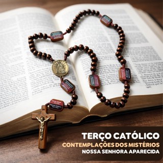 Terço Católico de Madeira Contemplação dos Mistérios NOSSA SENHORA APARECIDA com Medalha de Bronze em Oferta na Shopee