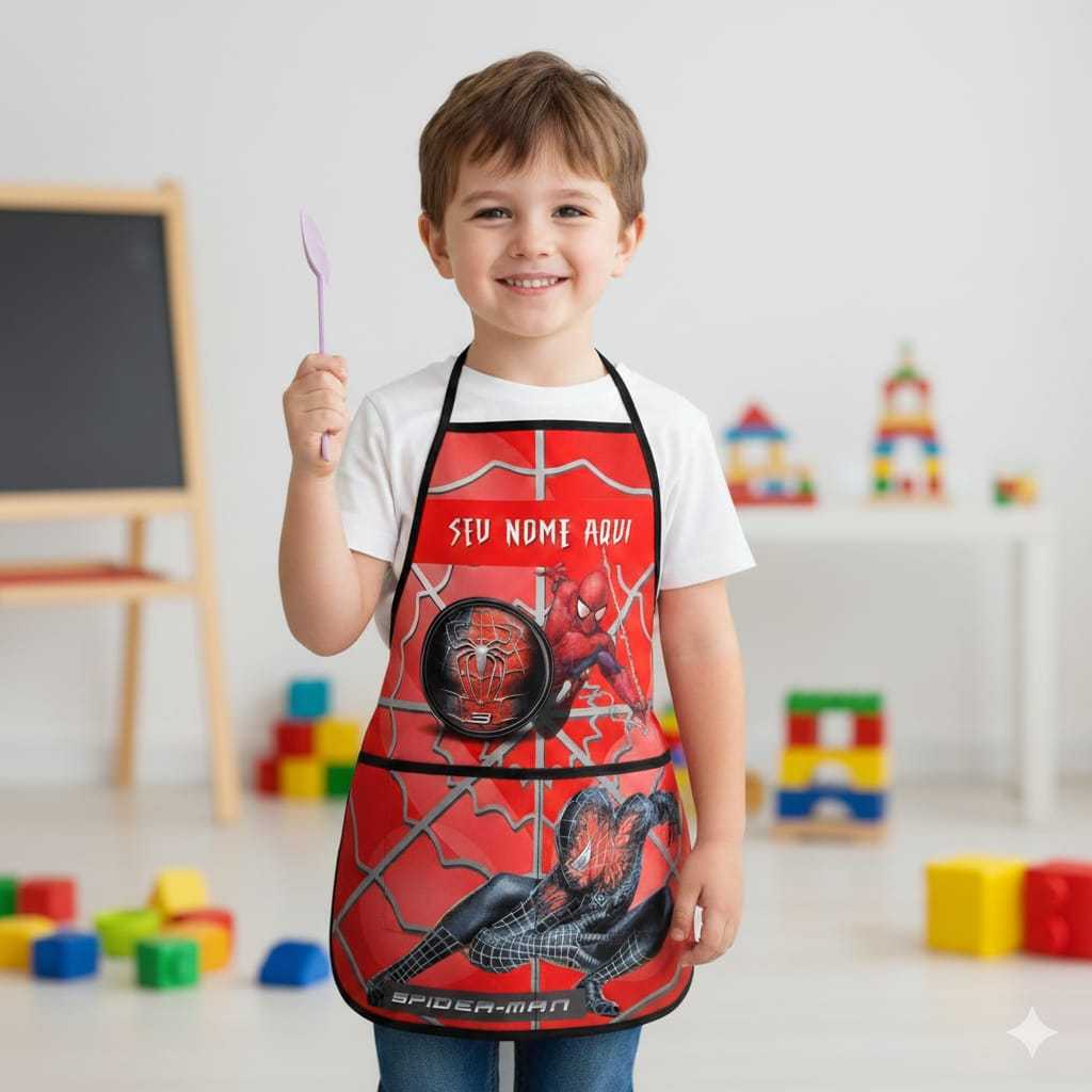 Avental personalizado com bolsos plastificado infantil menino heroi volta as aulas material escolar