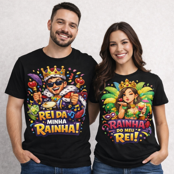 Camiseta Casal Carnaval Rei e Rainha da Folia – Algodão Premium Masculina e Feminina Gola Redonda P ao GG